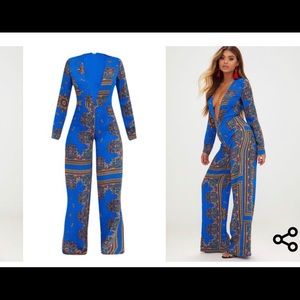 Cobalt scarf print long sleeve plunge jumpsuit
